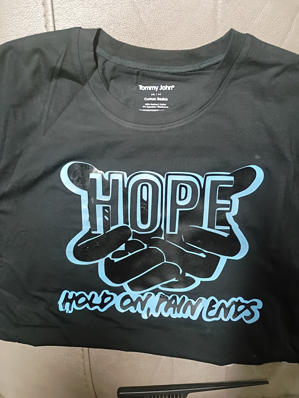 Tommy John Black Tee with Light Blue "HOPE" Graphic